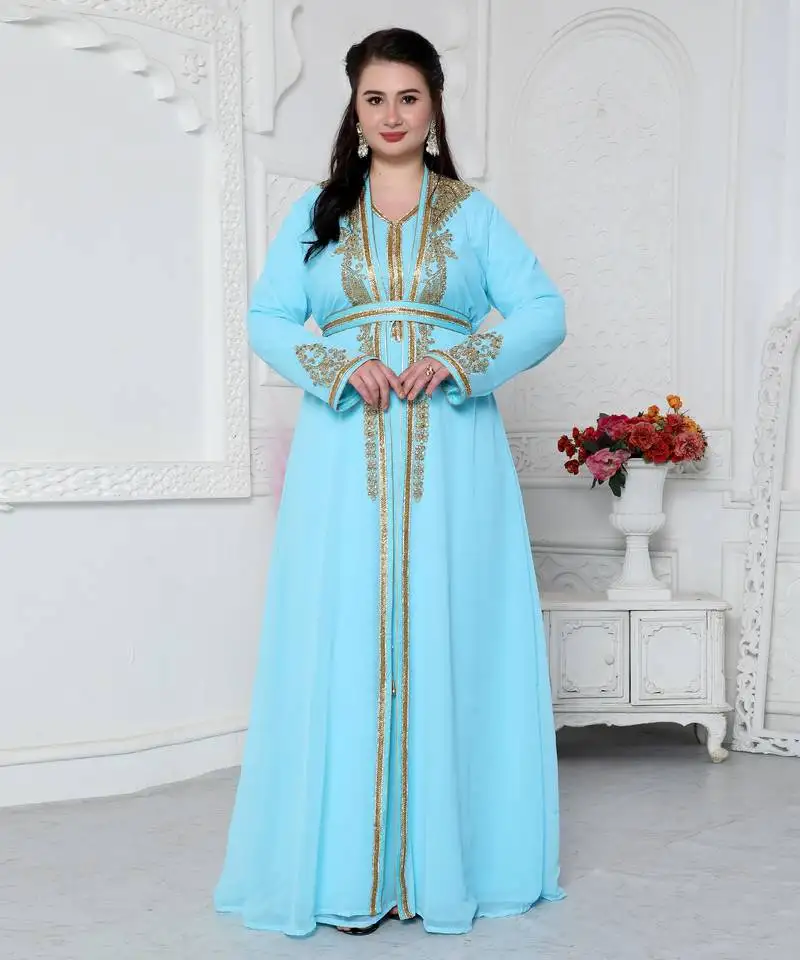 Sky blue kaftan in gold bling embroidery