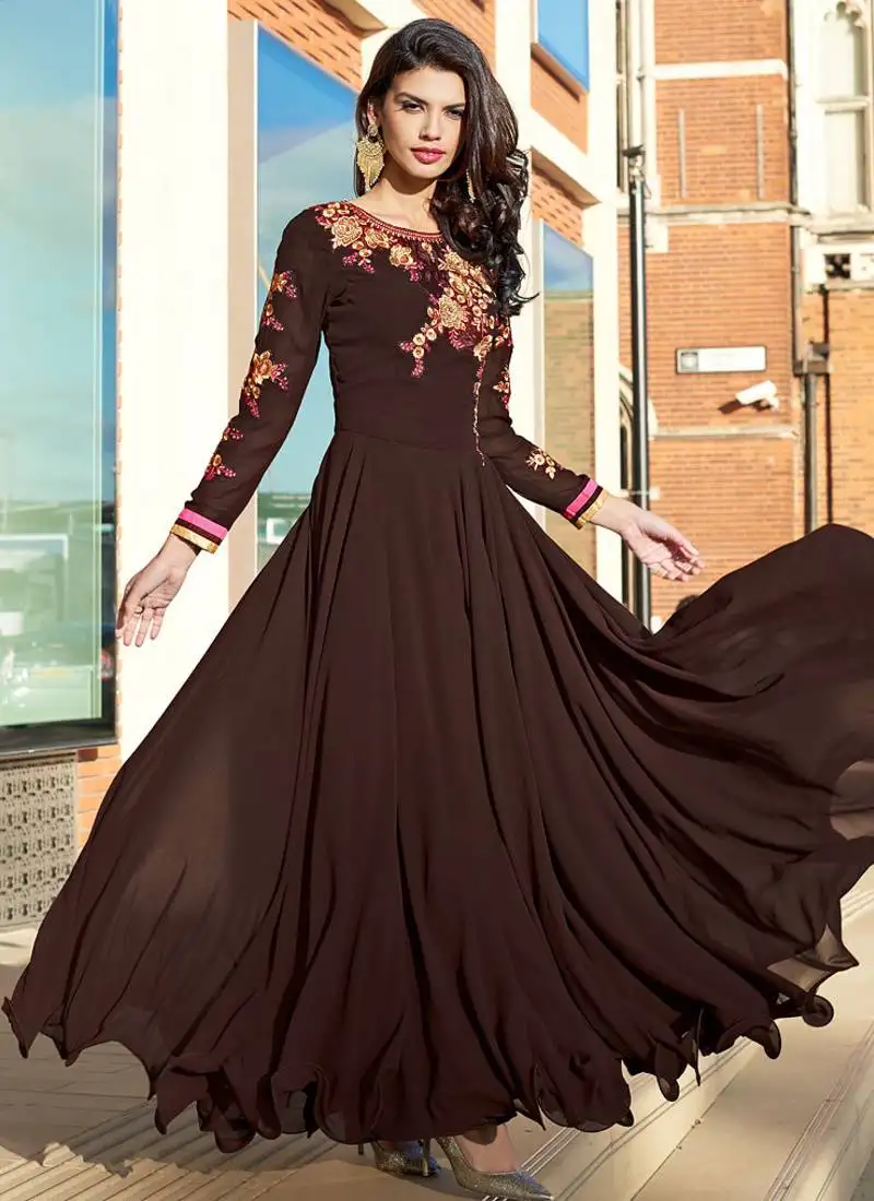 Brown embroidered georgette salwar kameez semi stitched