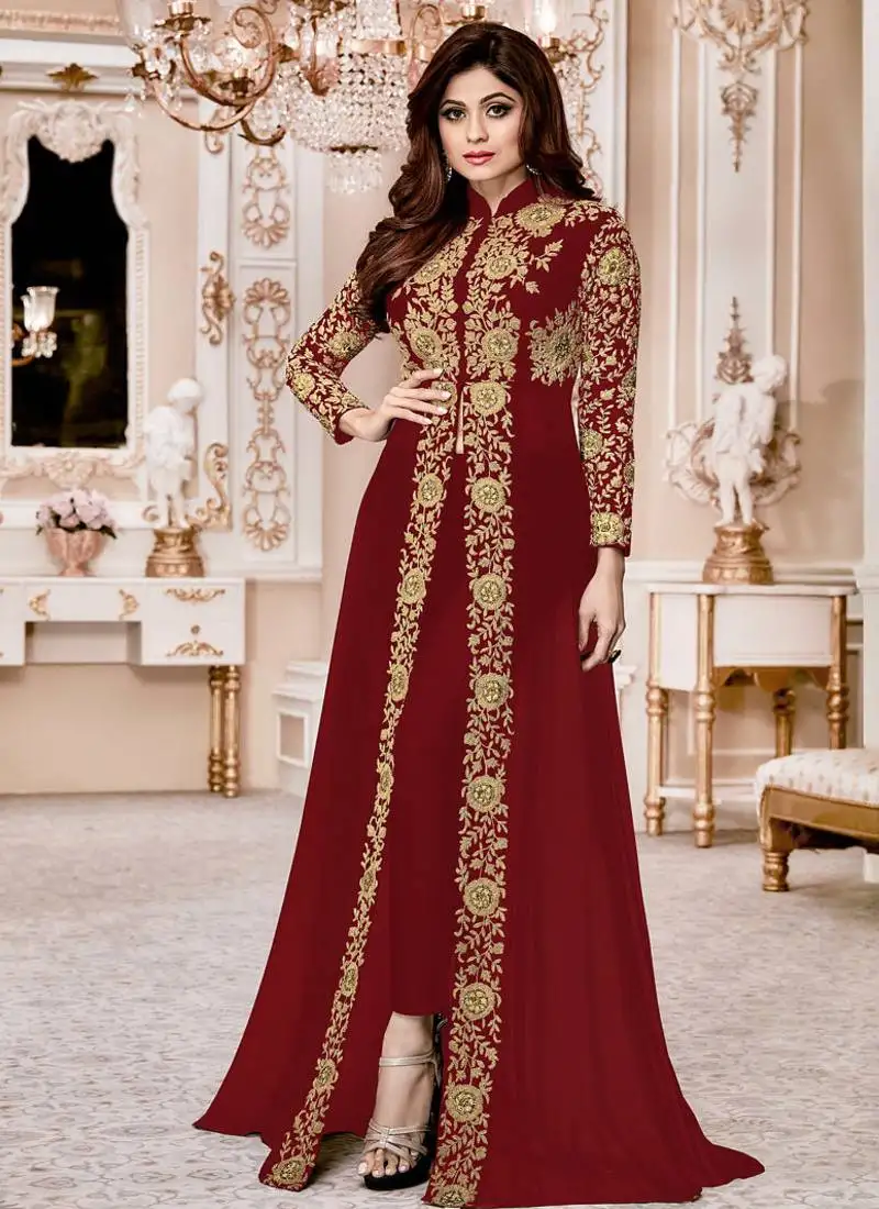 Maroon georgette embroidered wedding wear designer anarkali semi-suit semi stitched
