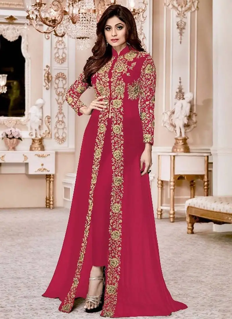 Pink georgette embroidered wedding wear designer anarkali semi-suit semi stitched