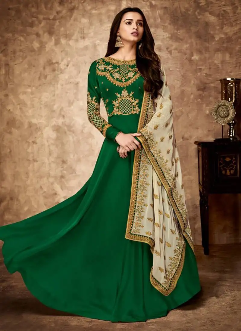 Green satin georgette embroidered wedding anarkali designer suits semi stitched