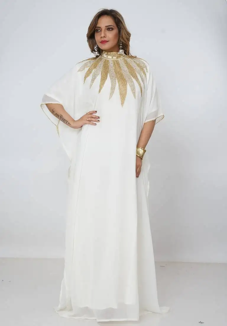 Cream kaftan women dress long gown farasha jalabiya maxi wear