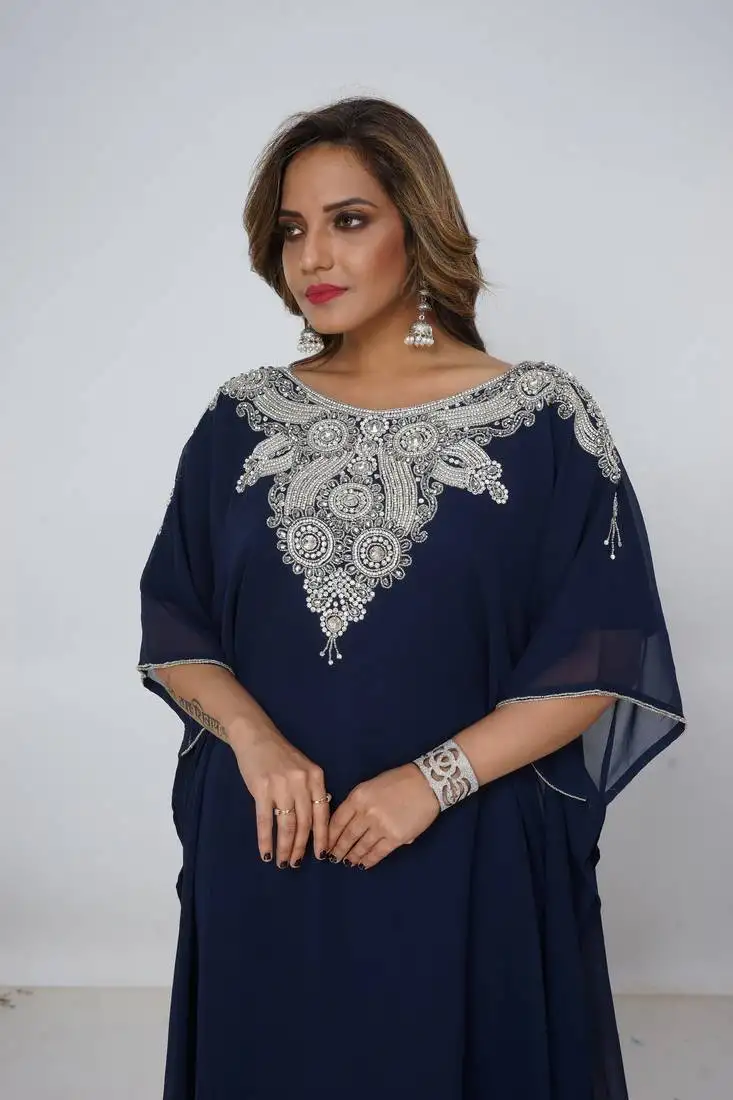 Navy-blue kaftan women dress long gown farasha morocco wear
