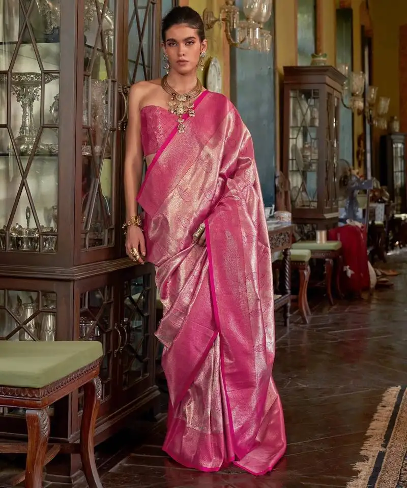 Pink handwoven silk blend saree | elegant festival saree