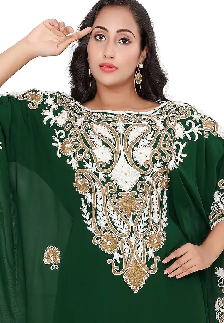 Elegant green kaftan dress with intricate neck embroidery