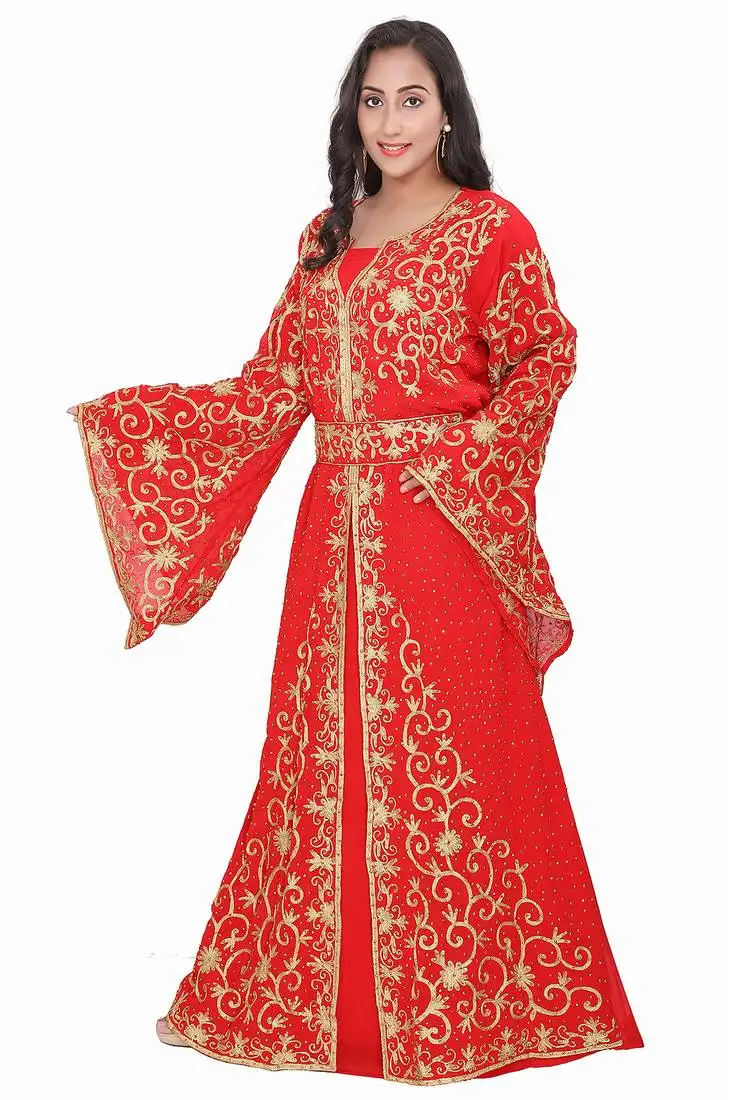 Premium red georgette stitched kaftan with bell sleeves & gold handwork design