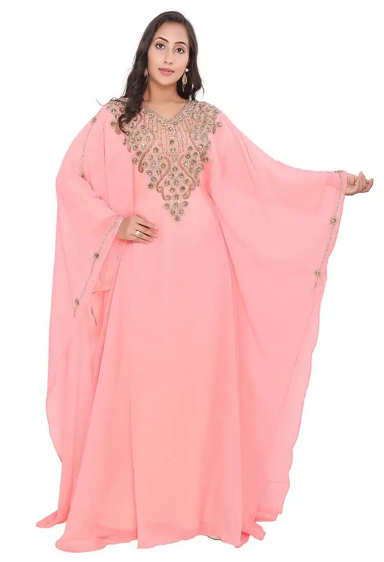 Peach designer stitched kaftan with handwork embroidery & stone work
