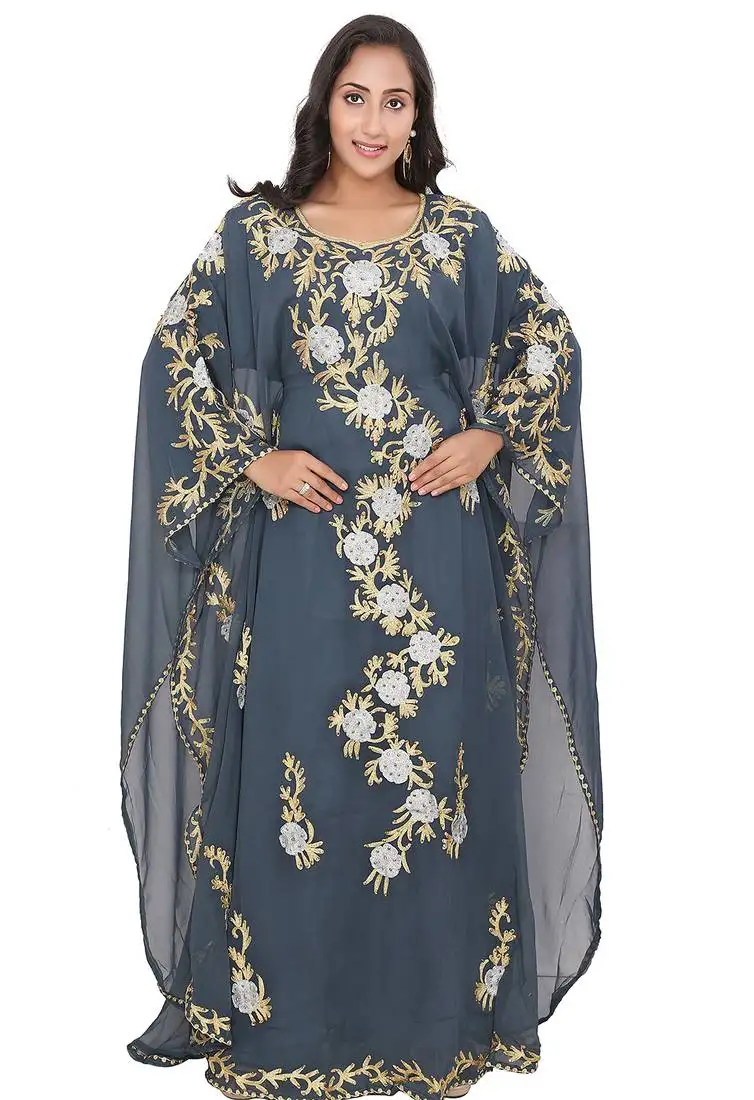 Gray ethnic stitched kaftan with golden embroidery & bead detailing
