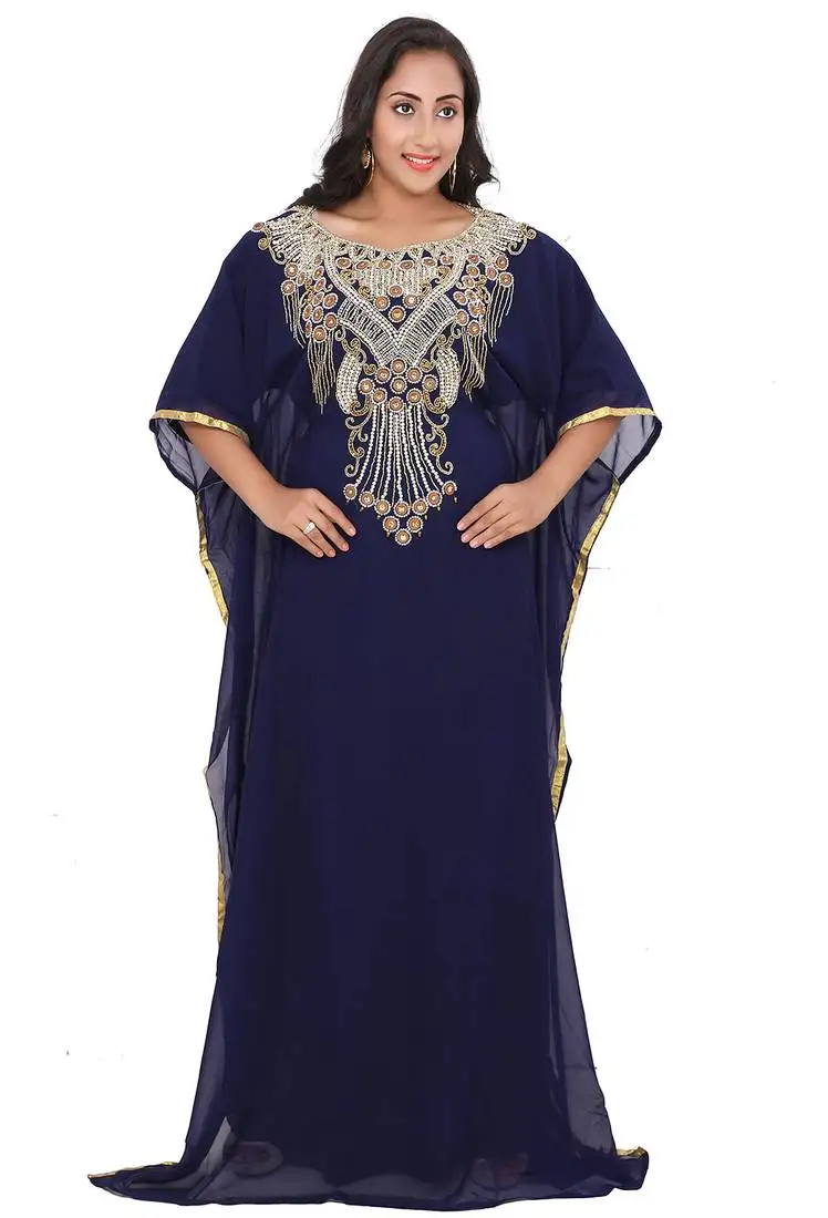 Royal look navy blue stitched kaftan with handwork zari and crystal detailing