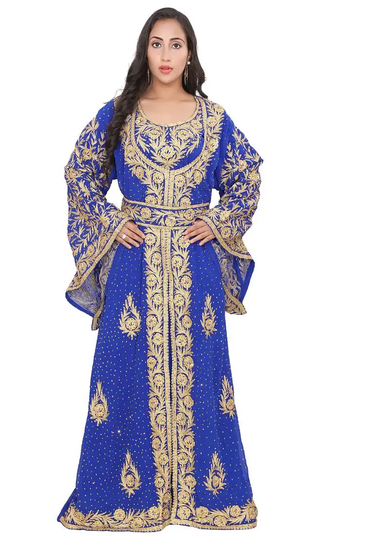 Royal blue festive wear premium stitched kaftan with heavy golden hand embroidery