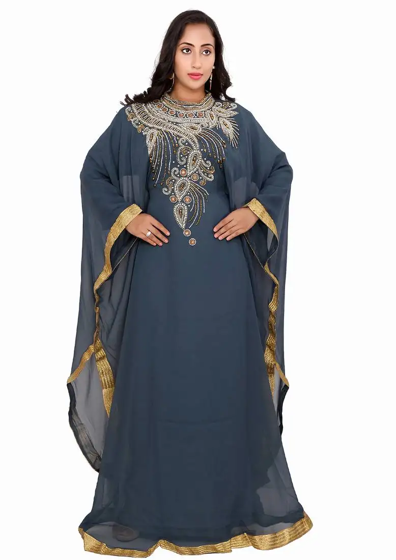 Graceful gray stitched kaftan with gold border and fancy neck handwork embroidery
