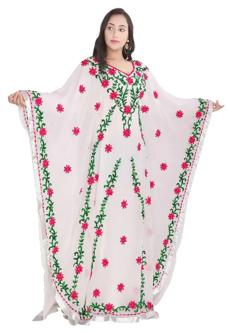 Elegant white georgette kaftan with vibrant floral embroidery-perfect for wedding & festive occasion