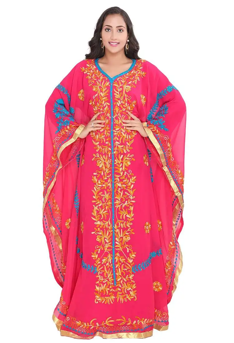 Flowy peach georgette stitched kaftan with intricate gold threadwork and floral aari work