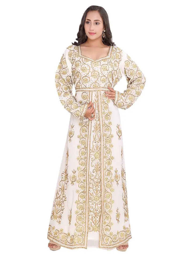 Ethnic luxe white moroccan stitched kaftan with gold embroidered design work