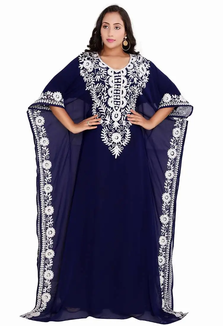 Graceful navy blue georgette stitched kaftan with classic white embroidery and batwing sleeves