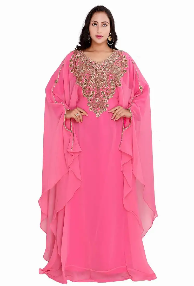 Designer pink stitched kaftan dress with flowing layers & intricate handwork neck embellishment dress