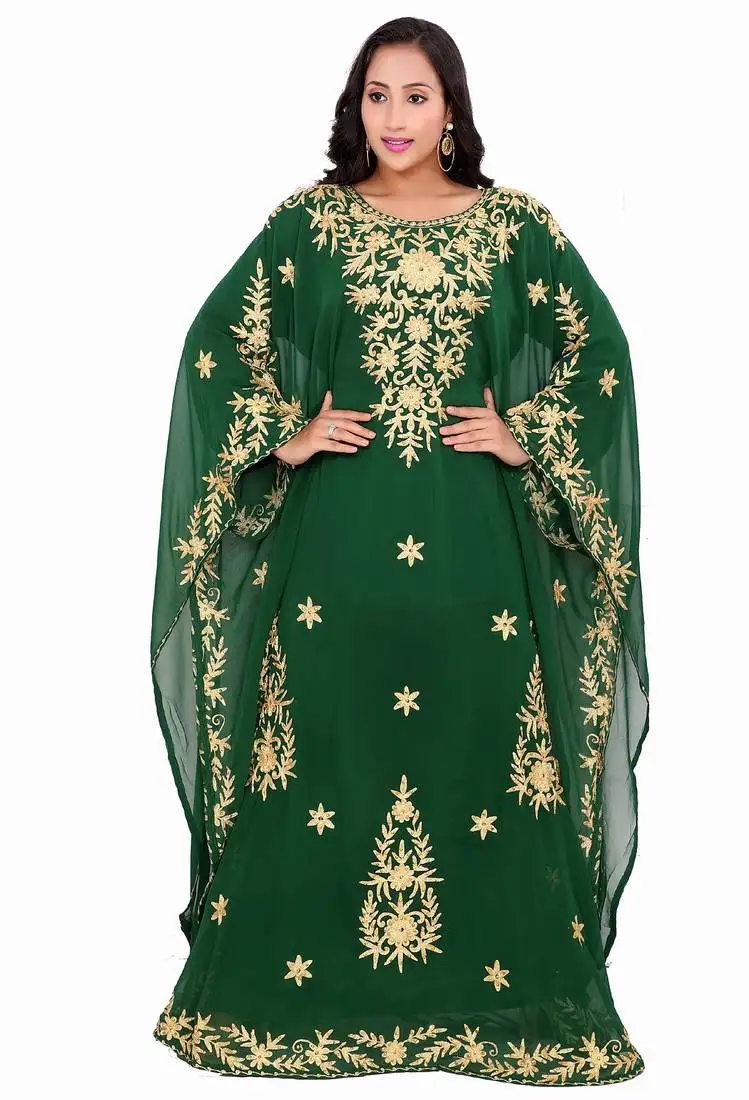 Elegant green designer stitched kaftan gown with embroidered aari work