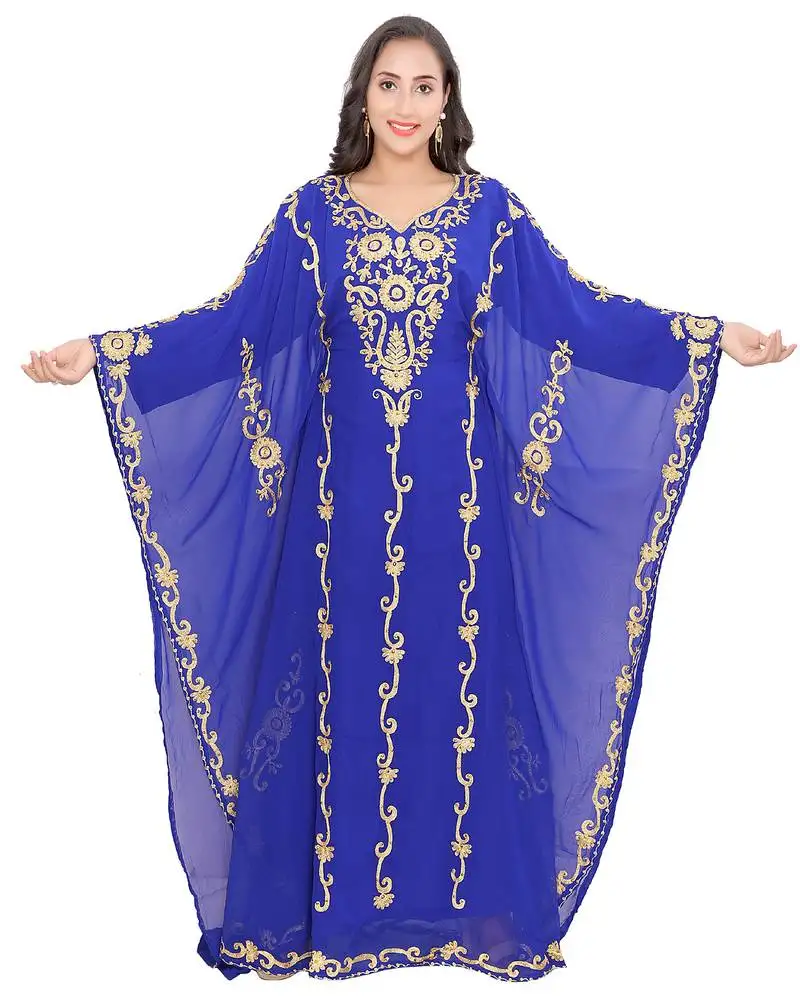 Royal blue georgette stitched kaftan with golden aari embroidery – elegant ethnic wear