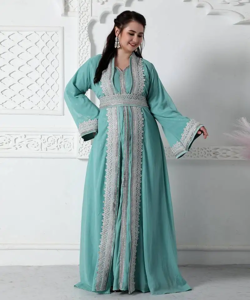 Moroccan lace jalabiya in silver embossed foil print