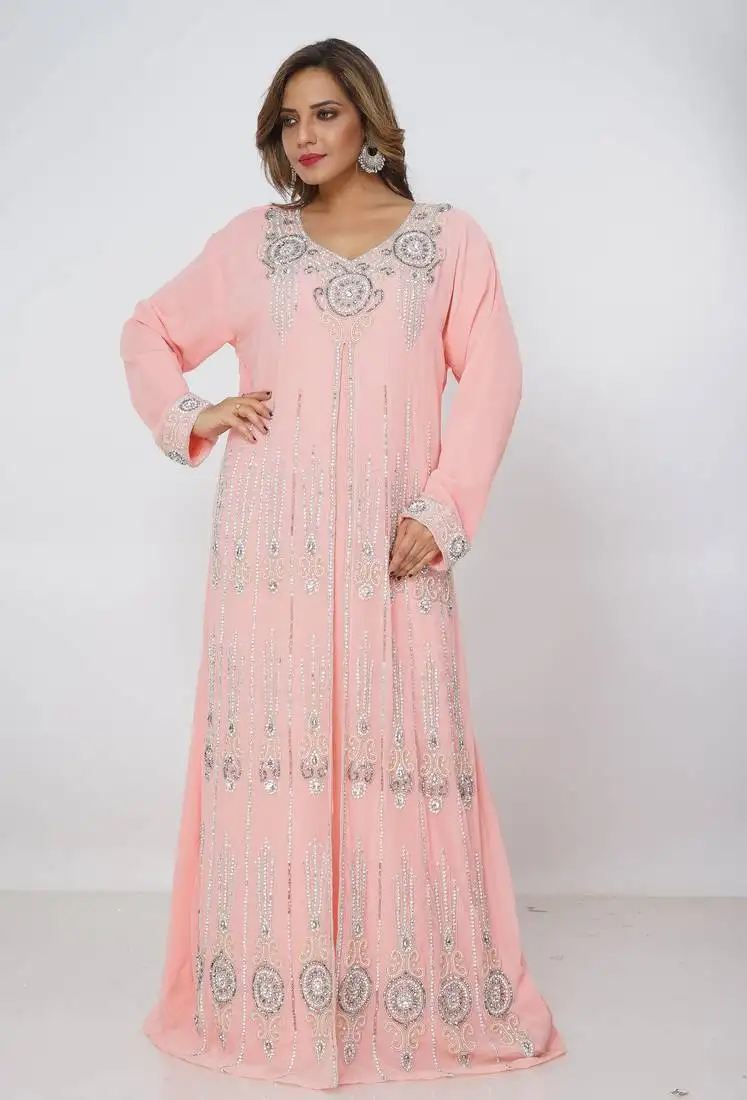 Baby-pink kaftan women dress long gown farasha morocco wear