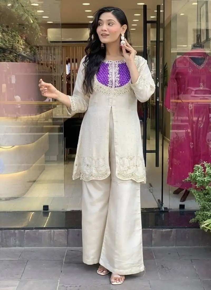 Purple silk embroidered kurti palazzo stitched