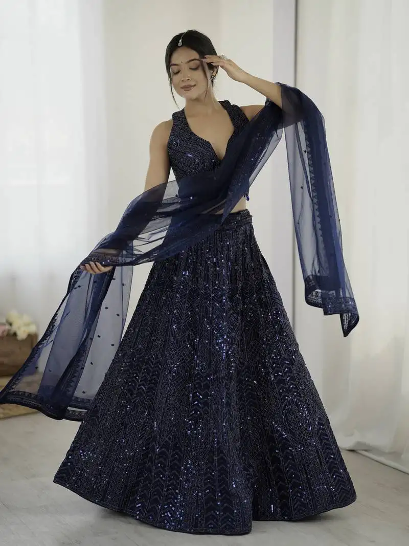 Glamorous navy-blue sequins and dori embroidered net fabric indian designer wedding and party wear lehenga dress