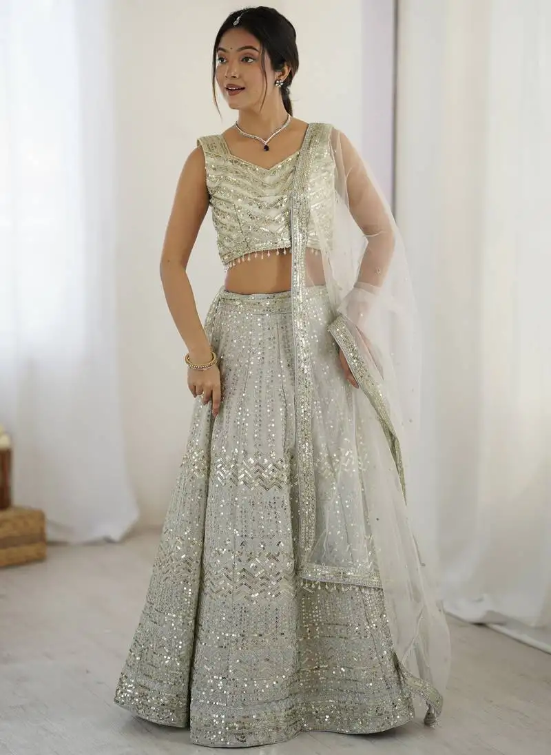 Attractive grey sequins and dori embroidered georgette indian designer wedding and party wear lehenga dress