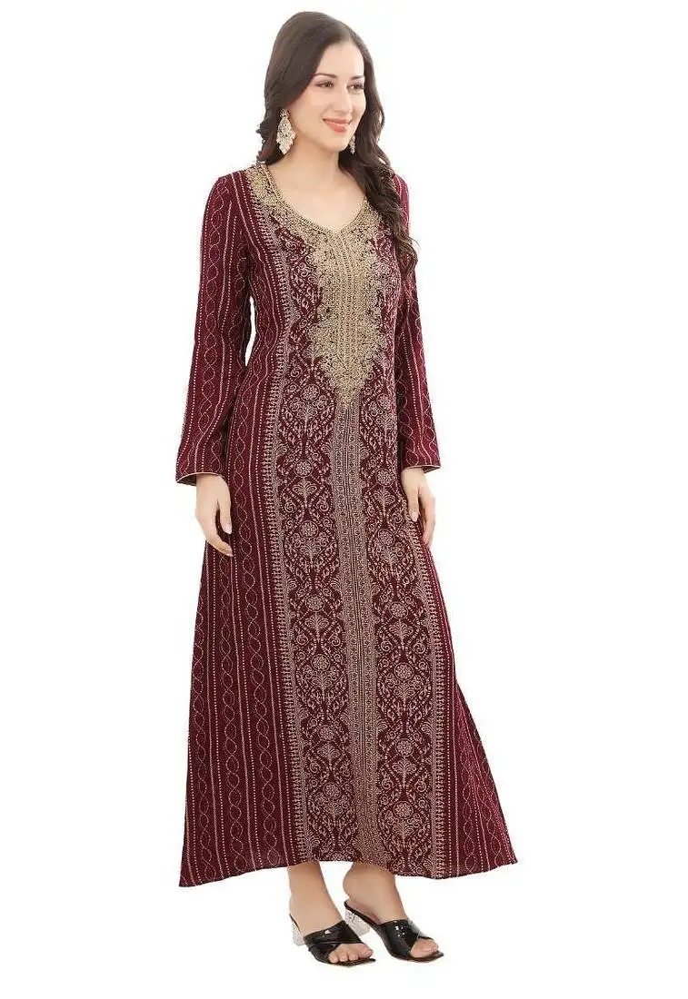 Golden thread embroidery a-line jalabiya on fancy printed fabric