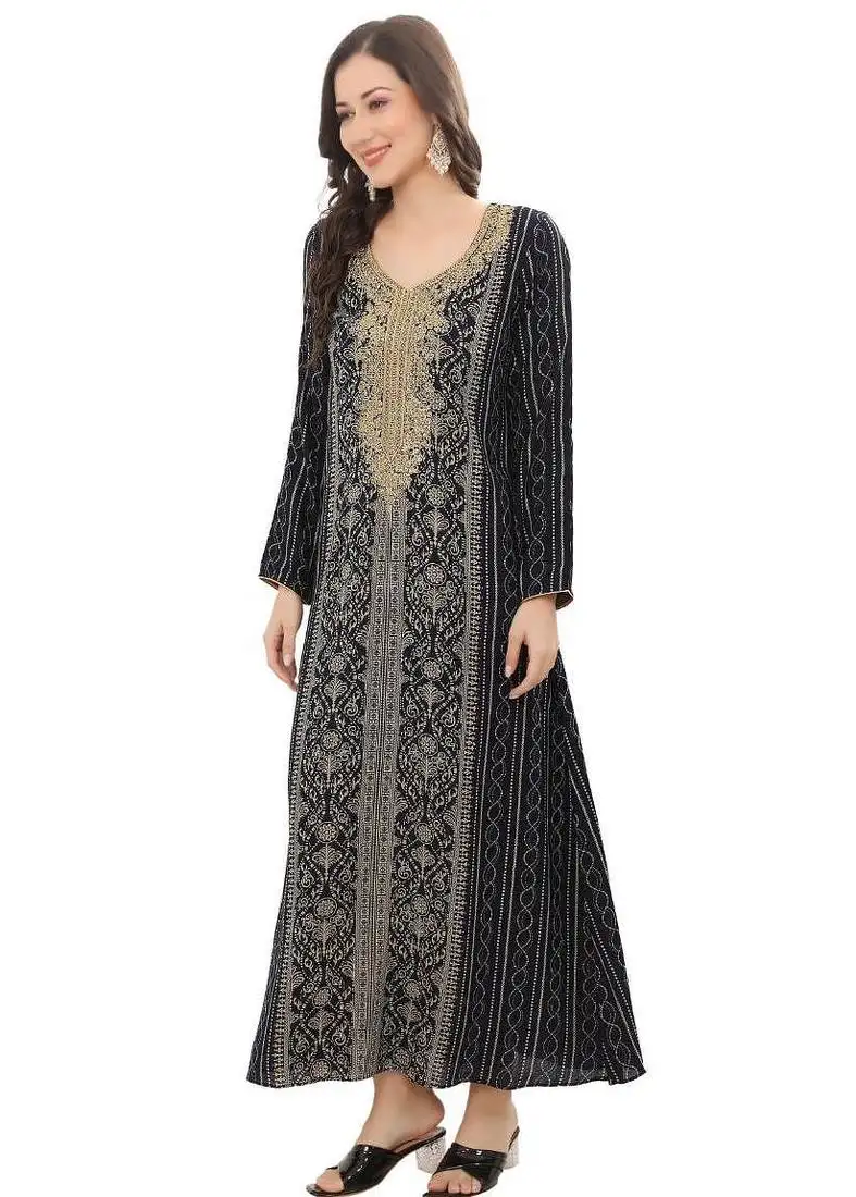 Golden thread embroidered a-line jalabiya on fancy printed fabric