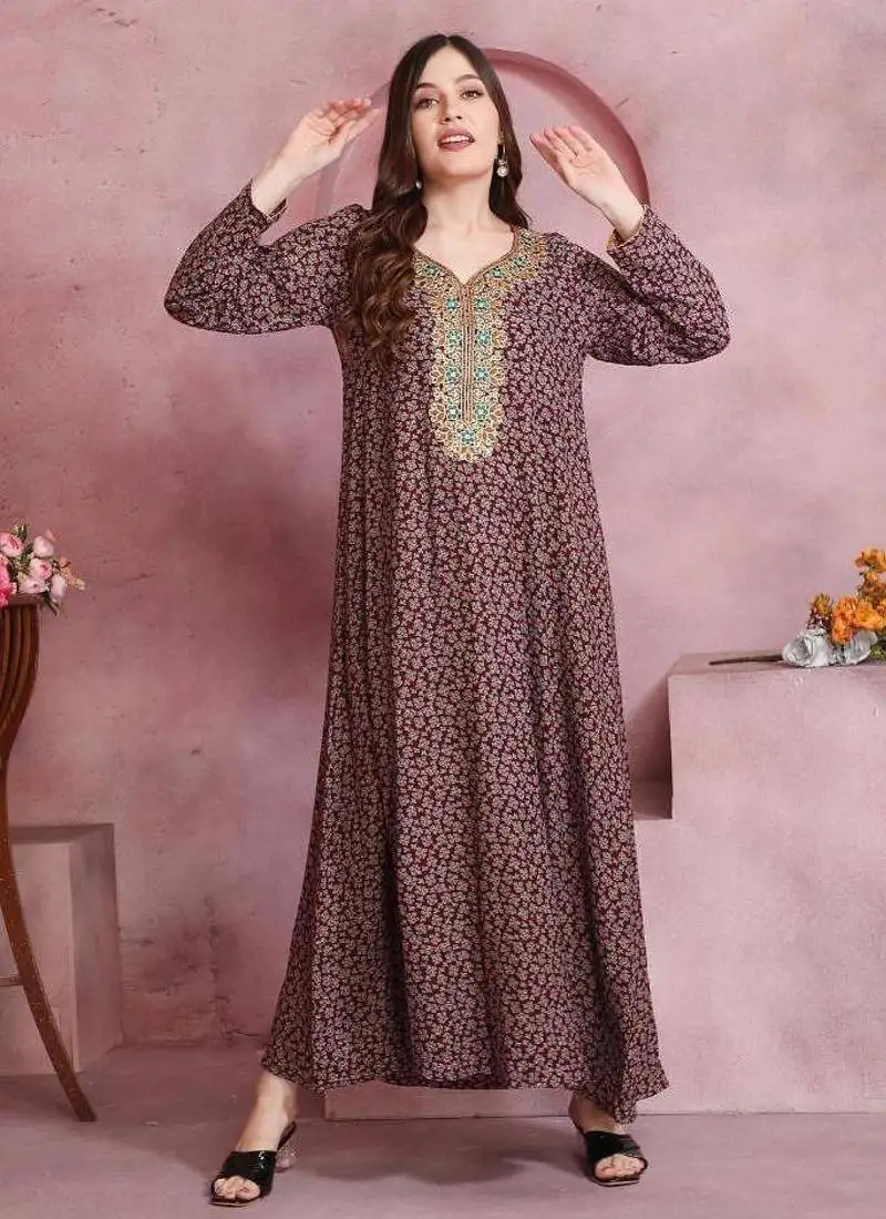 Multicolor thread embroidery a-line jalabiya on fancy printed fabric