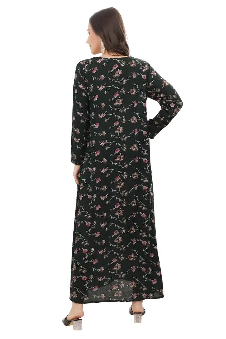 Floral printed a-line jalabiya with golden and multicolor threadwork