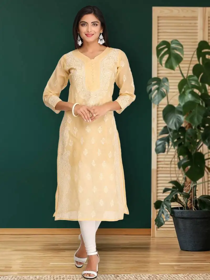 Hand embroidered fawn cotton lucknowi chikankari straight kurta