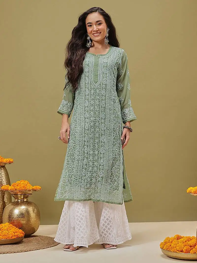 Hand embroidered green georgette lucknowi chikankari kurta and slip with muqaish work