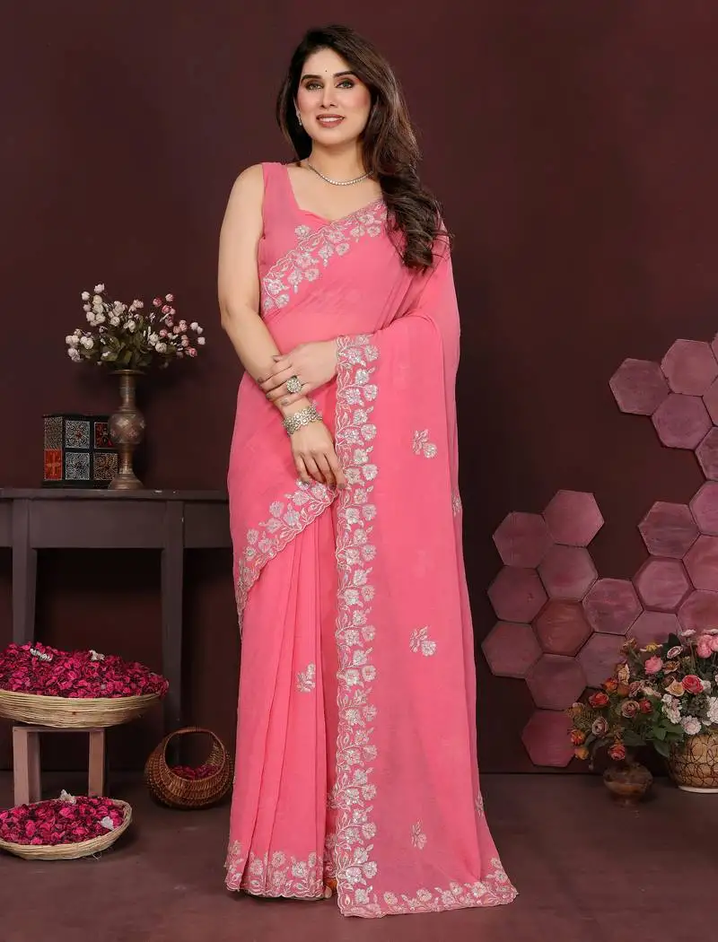 Carrot beautiful georgette silk embroidery work saree