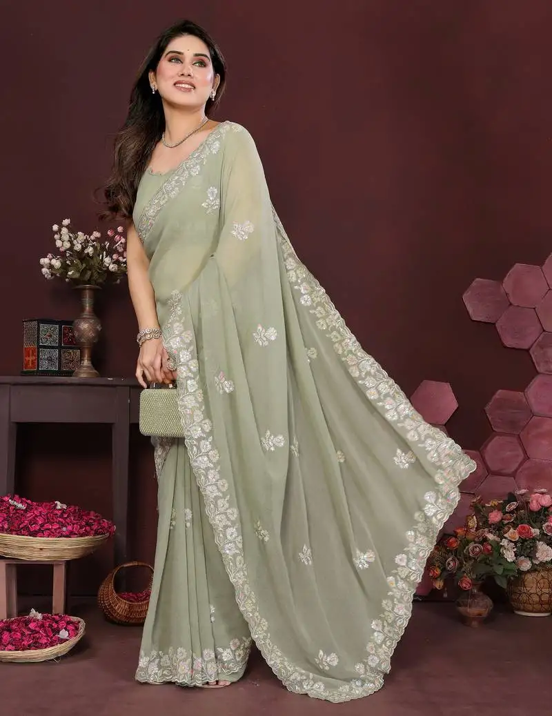 Pista beautiful georgette silk embroidery work saree