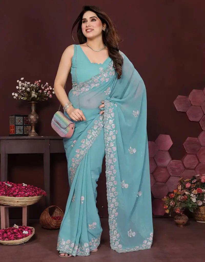 Turquoise beautiful georgette silk embroidery work saree