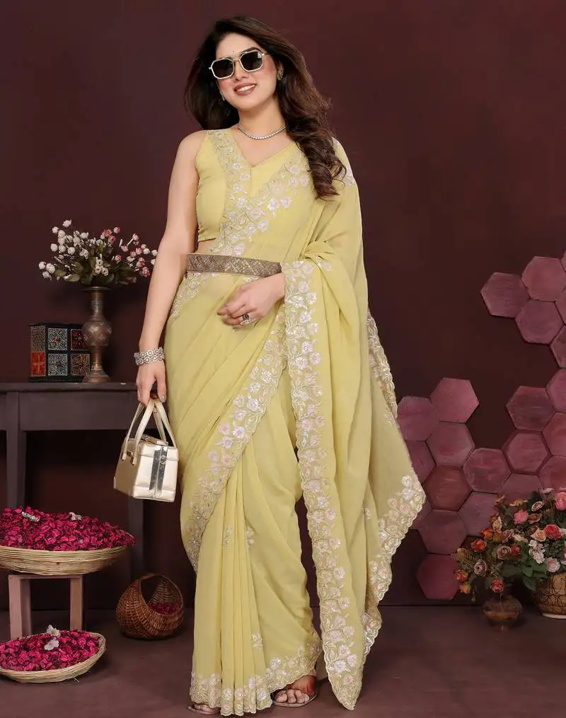 Yellow beautiful georgette silk embroidery work saree
