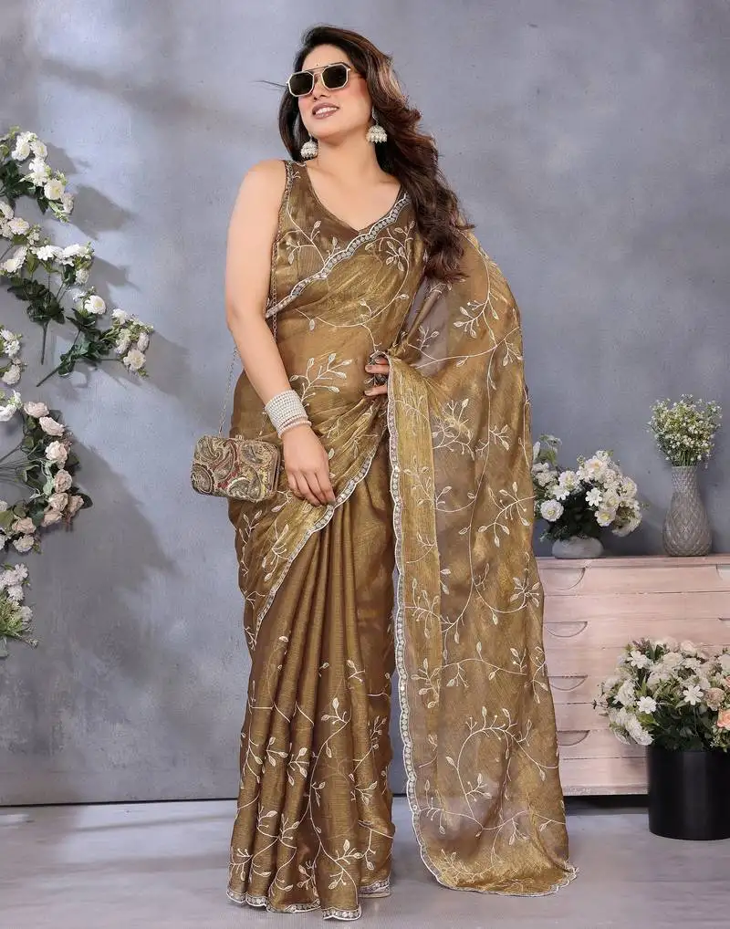 Royal gold jimmy chu saree with heavy embroidery & premium lace