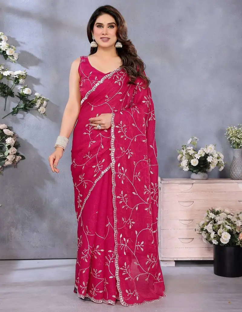 Charming pink embroidery work jimmy chu saree with designer finish