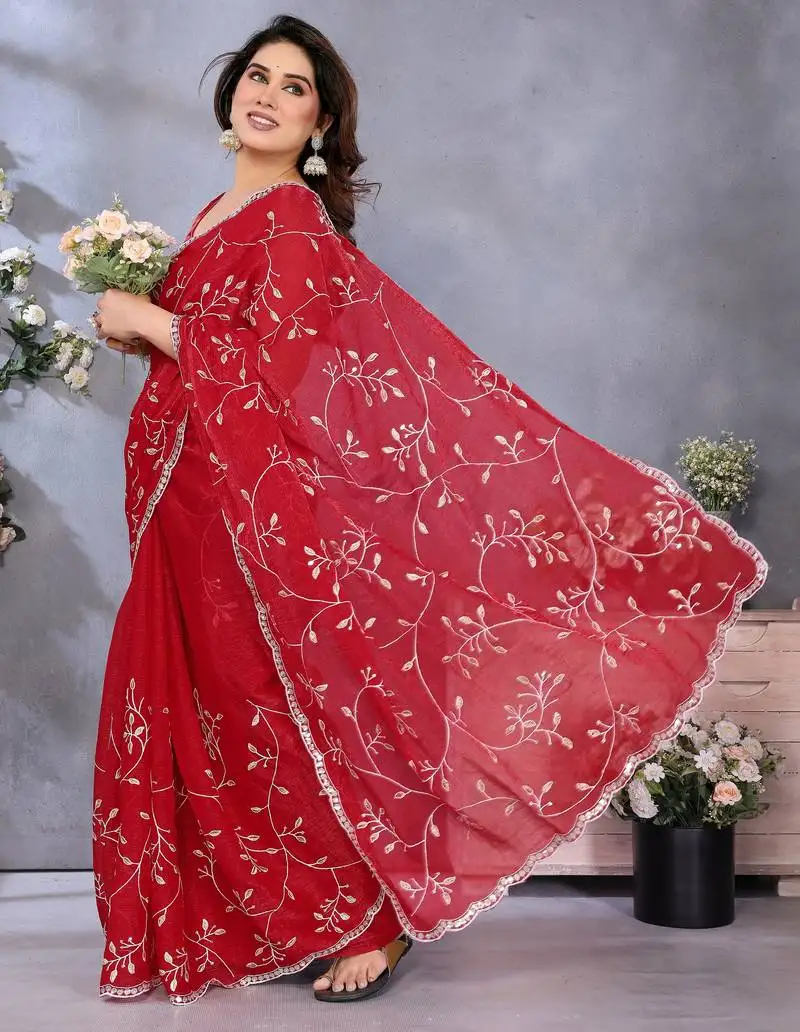 Classic red embroidered jimmy chu saree festive & party wear