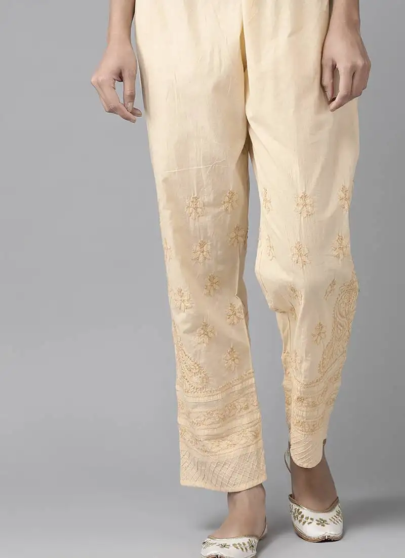 Hand embroidered fawn cotton lucknowi chikankari palazzo
