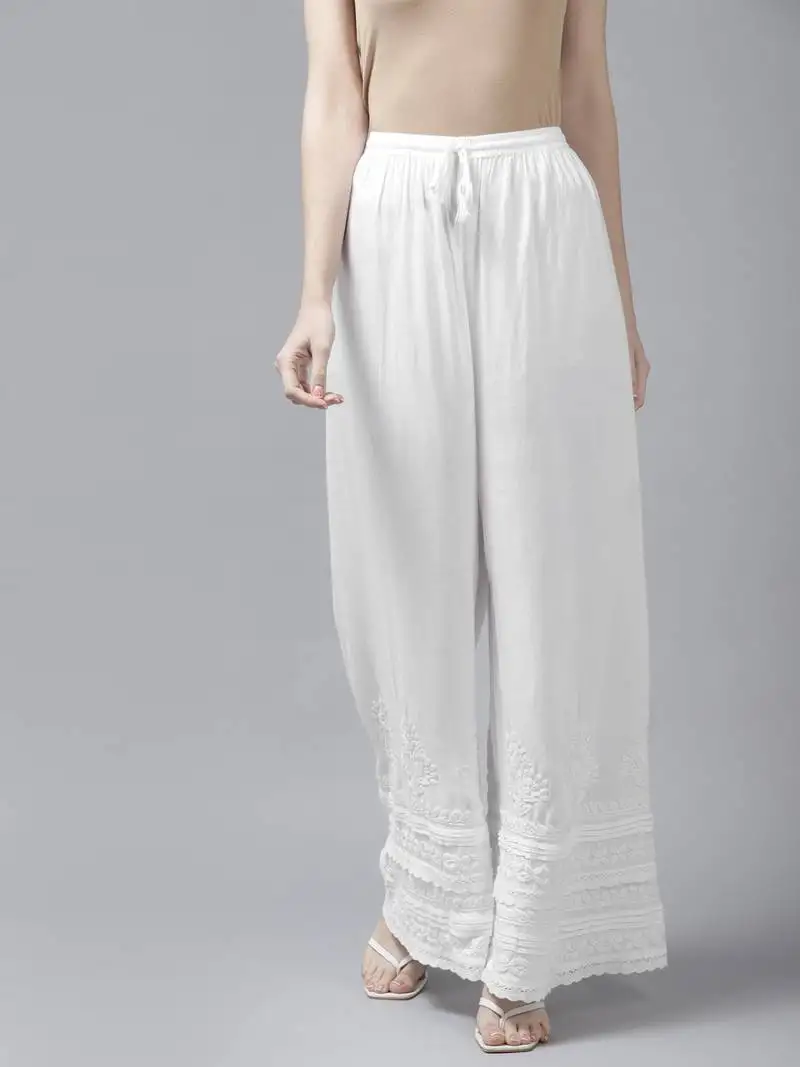 Hand embroidered white rayon cotton lucknowi chikan palazzo