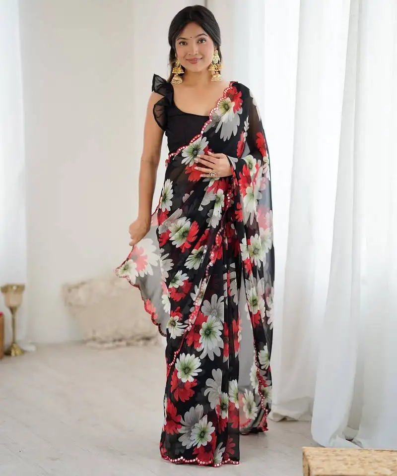 Black georgette flowers printed mirror work border saree