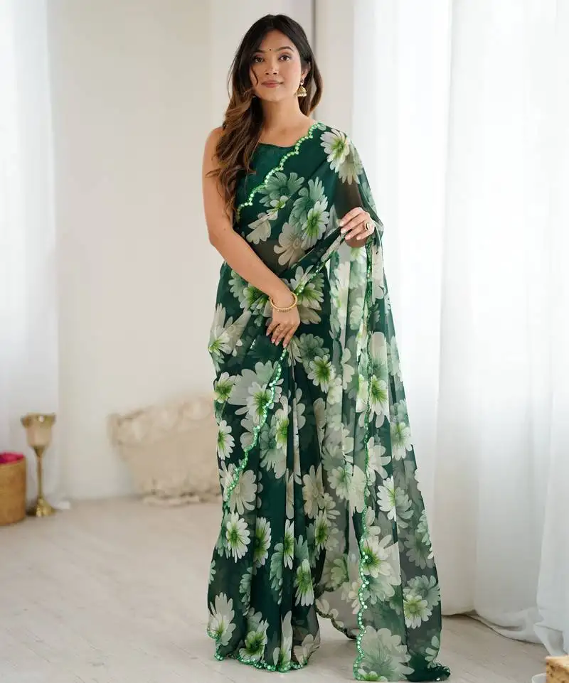 Green georgette flowers printed mirror work border saree