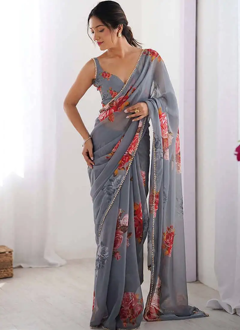 Stylish grey georgette silk saree with floral print & moti lace border