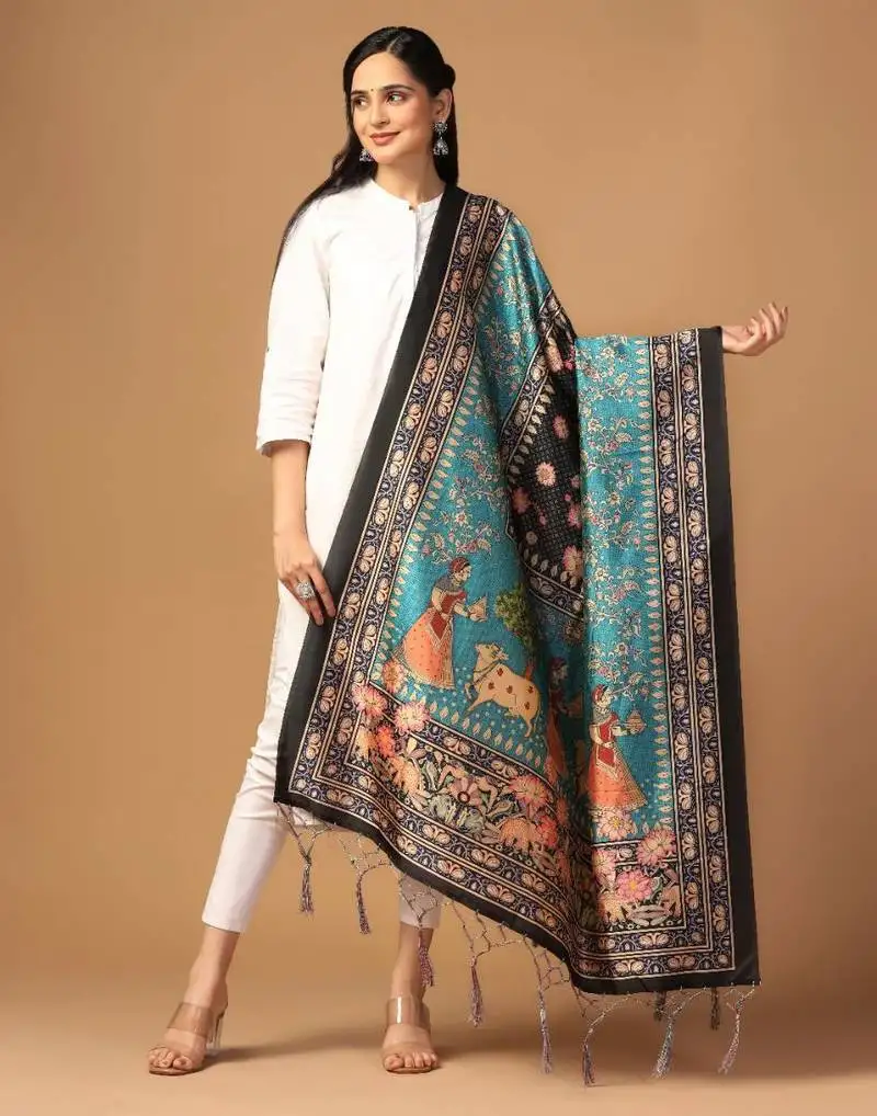 Sea green assam silk ceremonial wear designer printed dupatta for girls