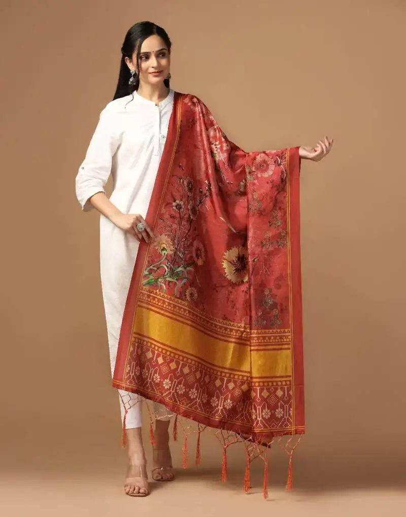 Rust assam silk ceremonial wear designer printed dupatta for girls