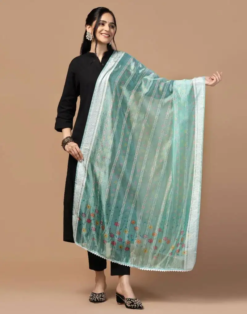 Sea green organza fabric wevon designer with digital printed ceremonial stylish dupatta