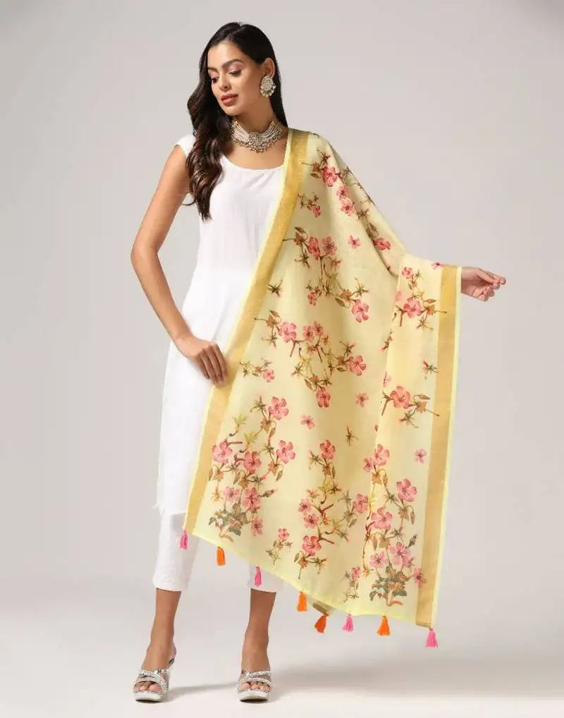 Wevon jari border designer with digital printed yellow linen dupatta