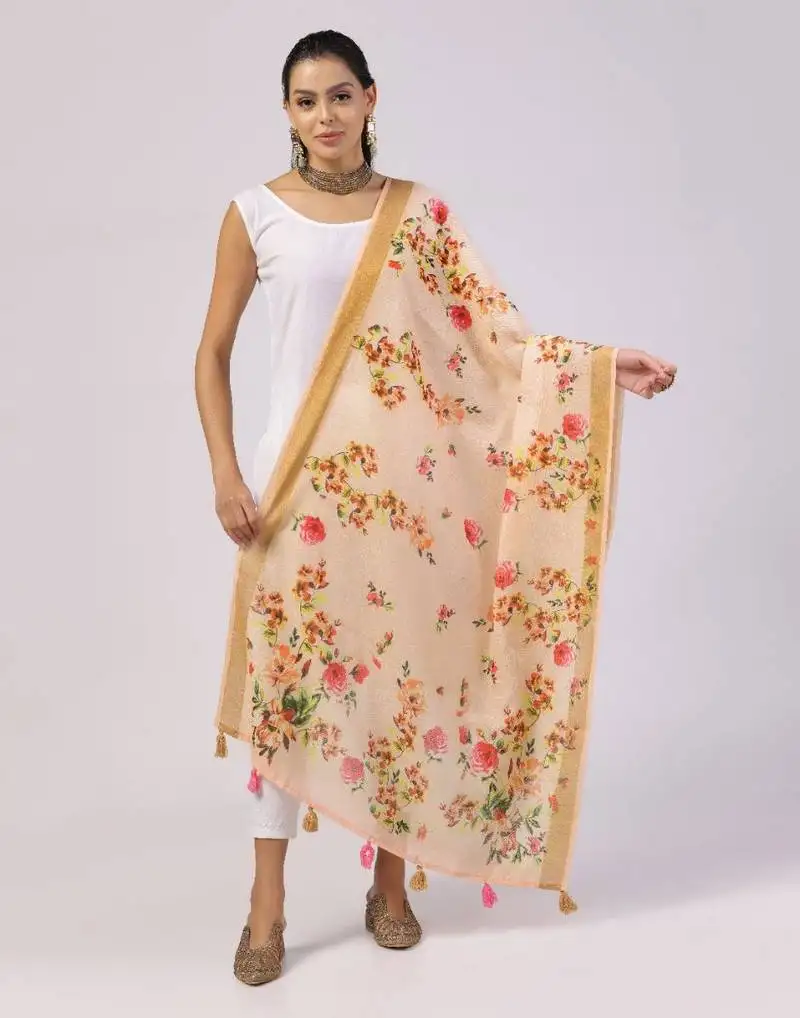 Wevon jari border designer with digital printed peach linen dupatta